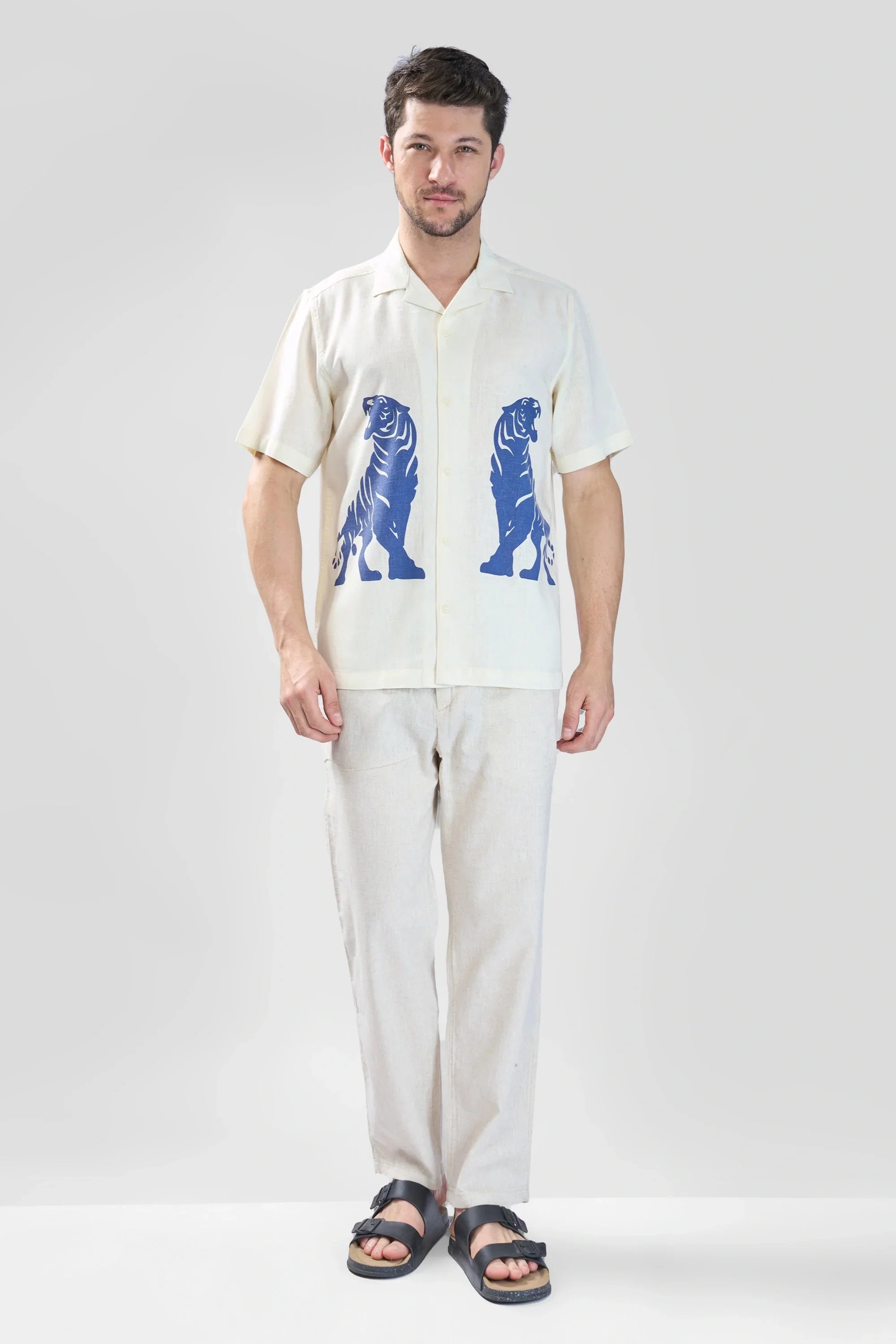 Xkind Tiger Printed Natural Linen Relaxed Fit Shirt | Grocsy