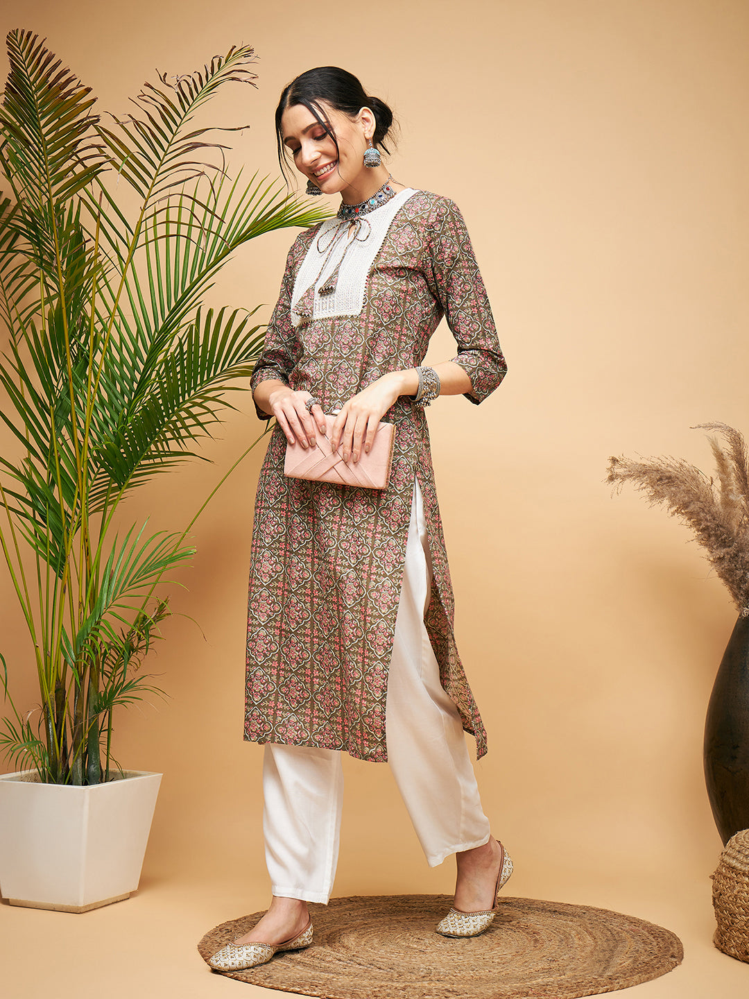 InWeave Women's Green Red Ajrakh Print Cotton Patch Work Straight Kurta | Grocsy