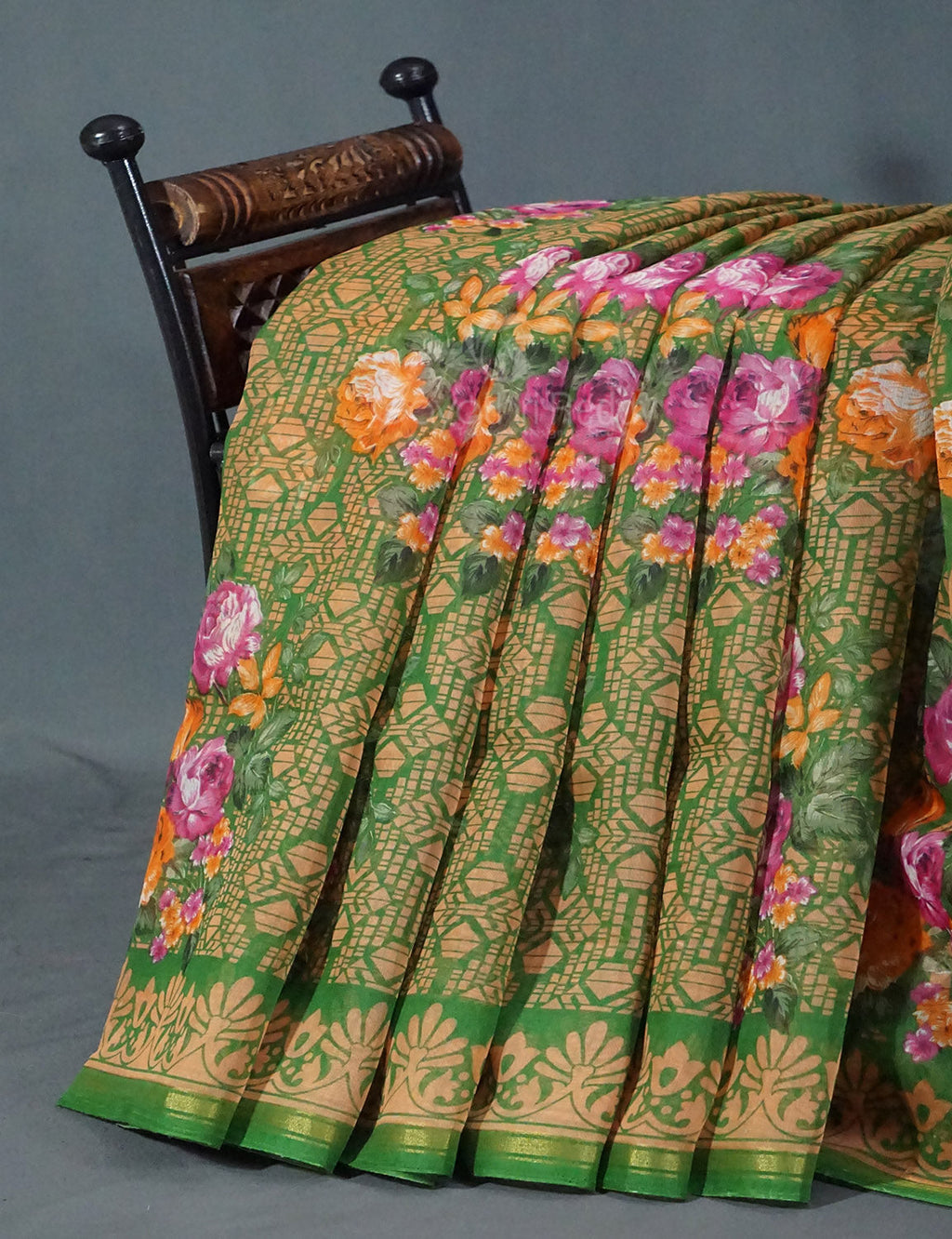 Shades of Parrot Green Colour Floral Design Semi Chanderi Saree By Gayathri Reddy Designer Studio | Grocsy