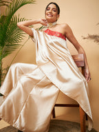 InWeave Women's Beige Red Brocade Oneshoulder Top Satin W Palazzo Set | Grocsy