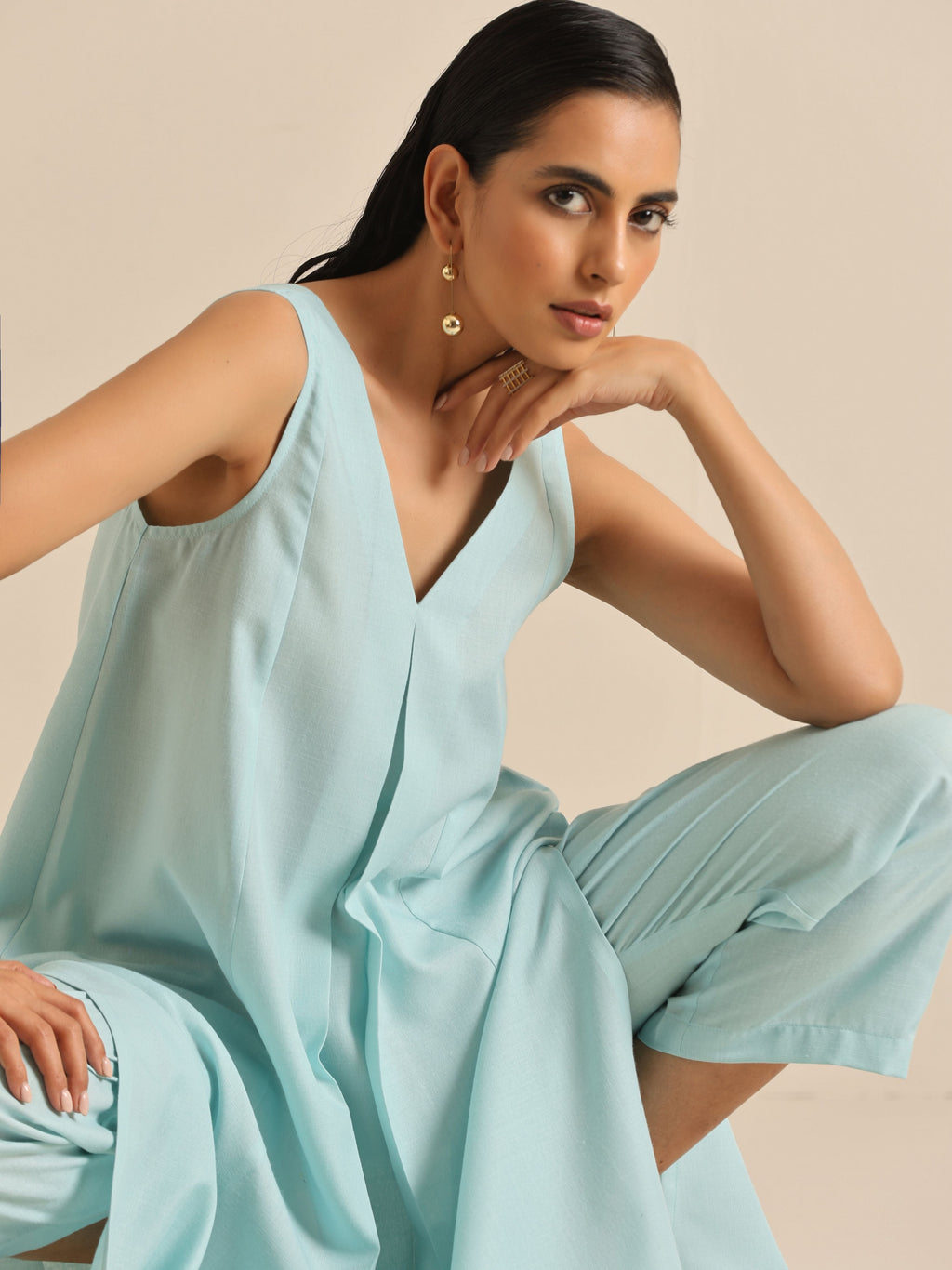 trueBrowns Sky Blue Slub Sleeveless Flared Kurta Pant Set | Grocsy