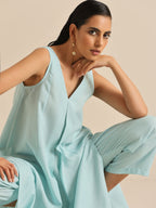 trueBrowns Sky Blue Slub Sleeveless Flared Kurta Pant Set | Grocsy