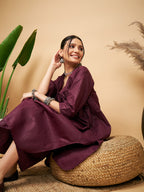 InWeave Women's Wine Solid Flared Kurta Palazzo Set | Grocsy
