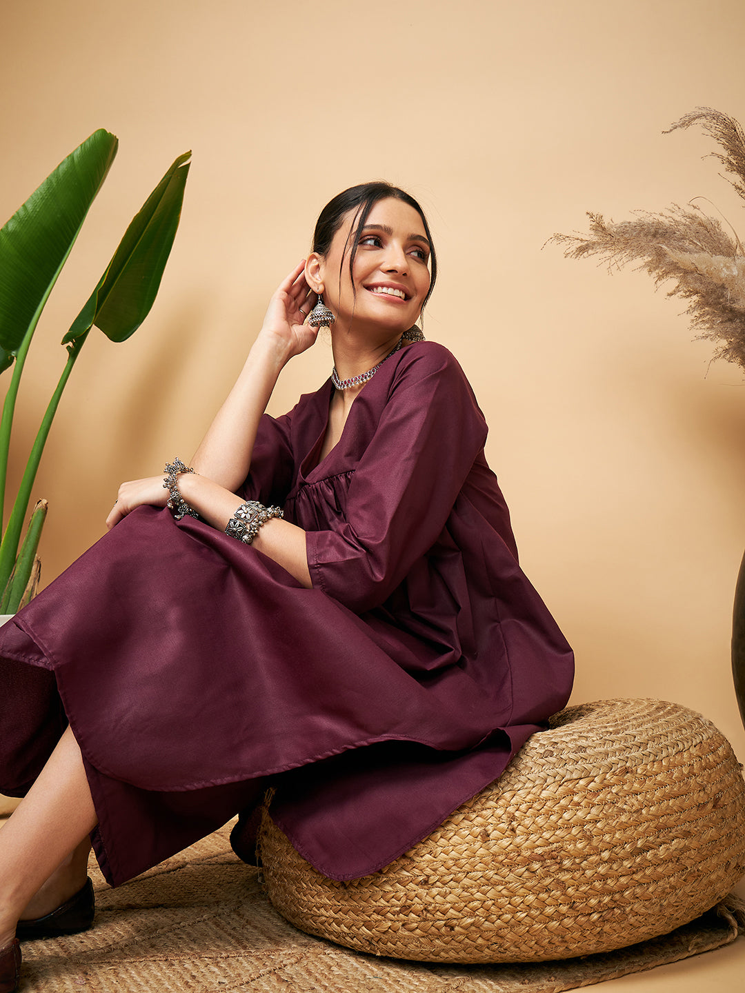 InWeave Women's Wine Solid Flared Kurta Palazzo Set | Grocsy
