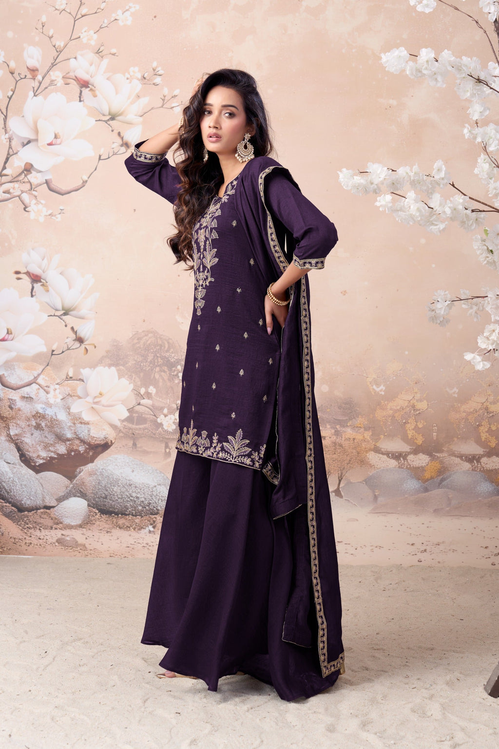 Anaita Purple Vichitra Silk Readymade Suit with Coding Work | Grocsy