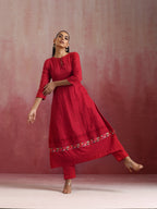 trueBrowns Red Cotton Dobby Flared Kurta Set | Grocsy