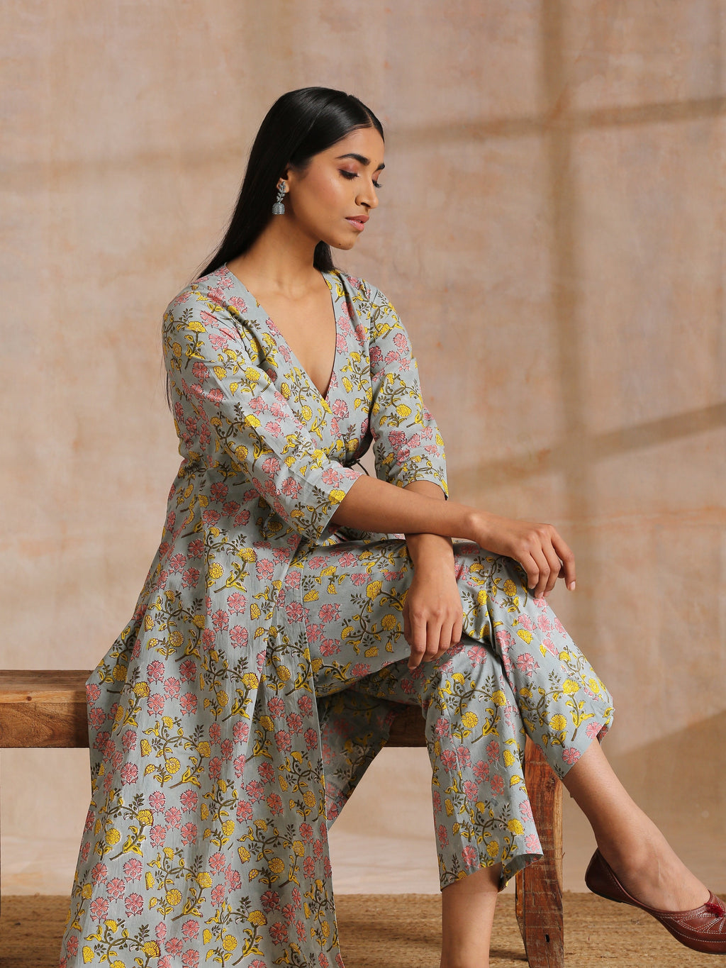 trueBrowns Grey Overall Floral Block Print Cotton Angrakha Kurta Pant Set | Grocsy
