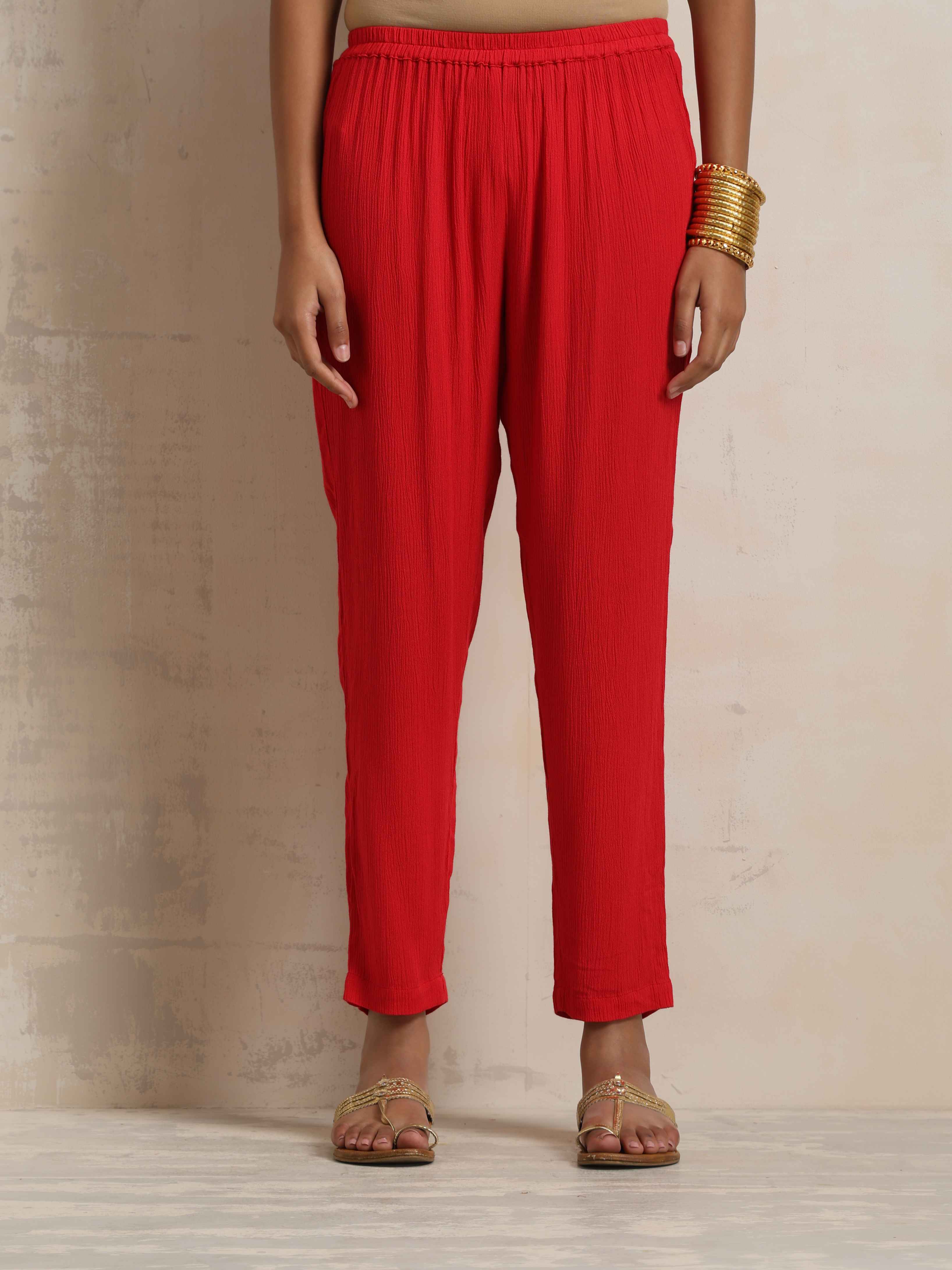 trueBrowns Red Crinkle Anarkali Kurta Pant Dupatta Set | Grocsy