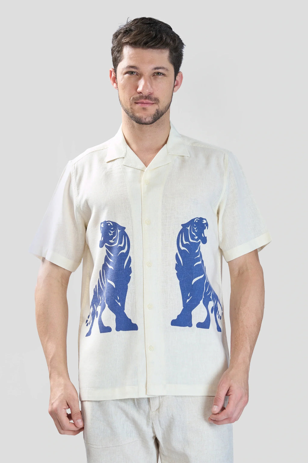 Xkind Tiger Printed Natural Linen Relaxed Fit Shirt | Grocsy