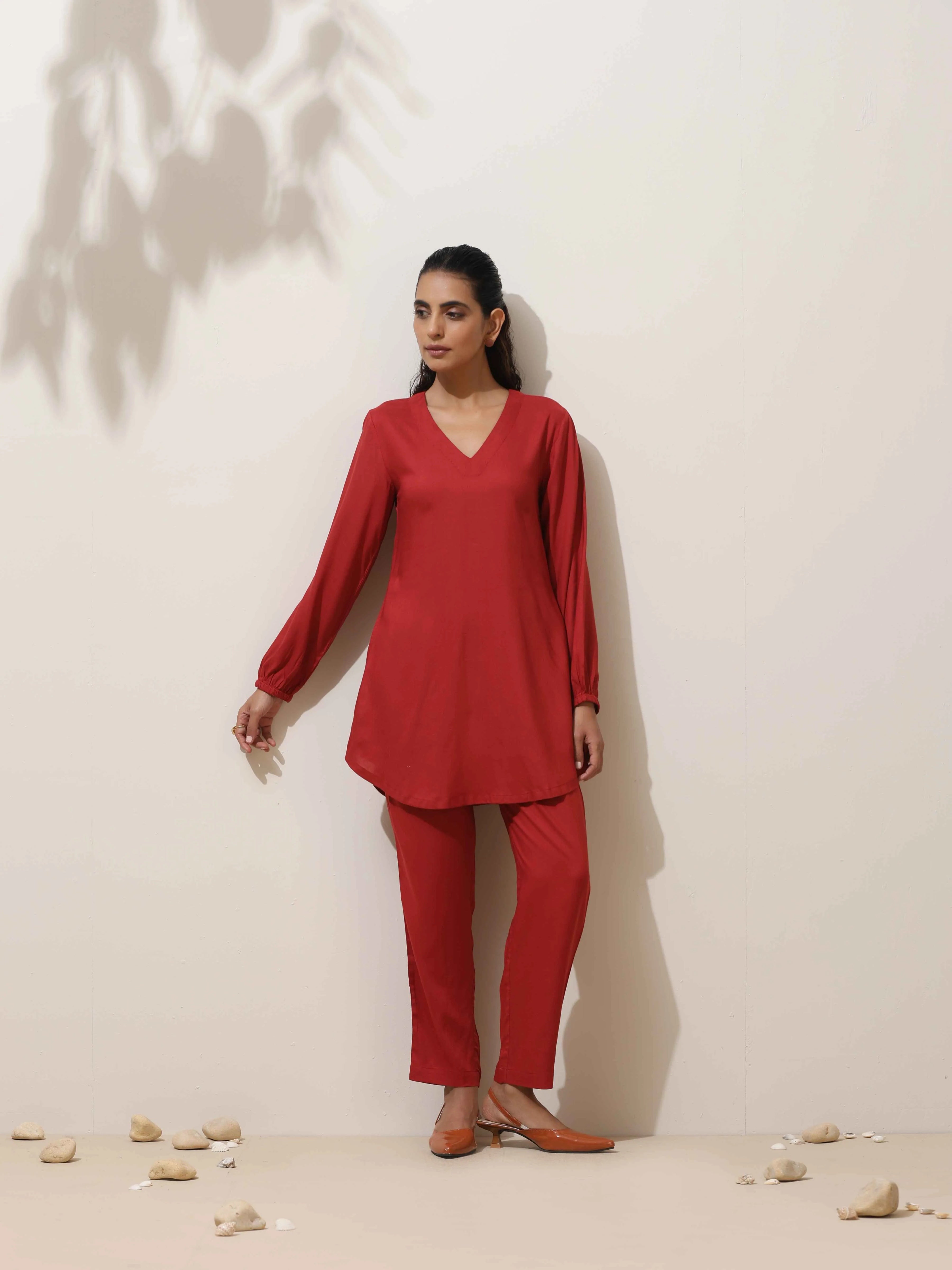 trueBrowns Maroon Viscose Co-ord Set | Grocsy