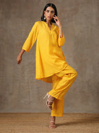 trueBrowns Yellow Bandhani Flare Printed Silk Co-Ord Set | Relove | Grocsy