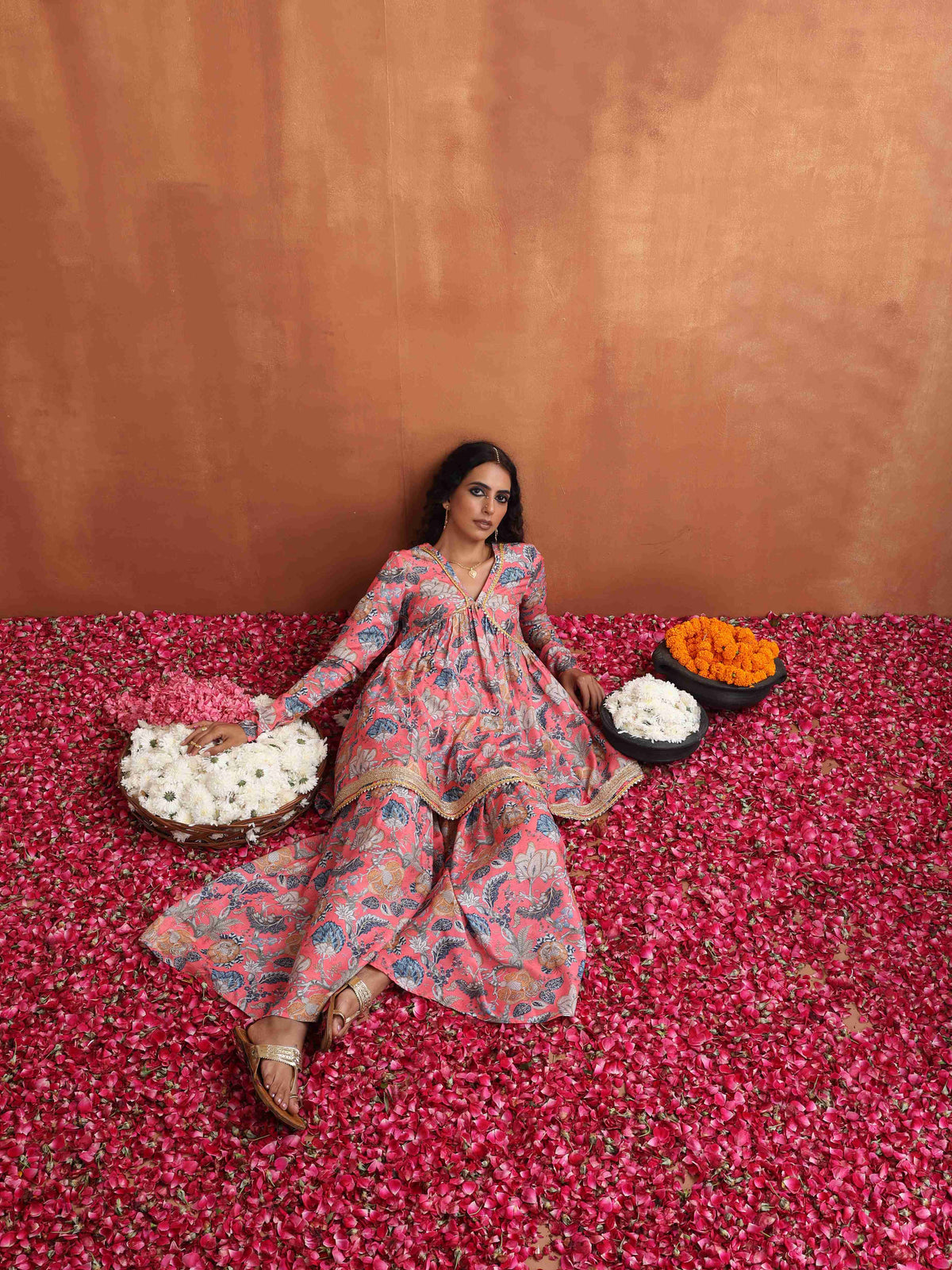 trueBrowns Orange Print Sharara Set | Grocsy