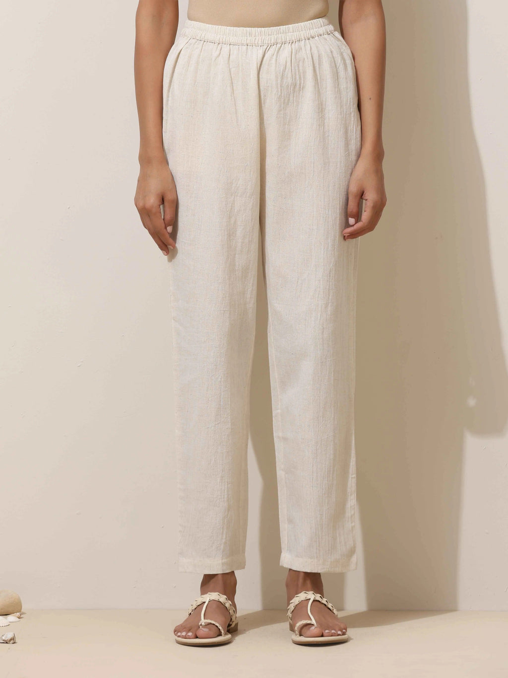 trueBrowns Off-White Cotton Linen Kurta Pant Set | Grocsy