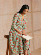 trueBrowns Seafoam Green Overall Floral Block Print Cotton Angrakha Pant Set | Grocsy