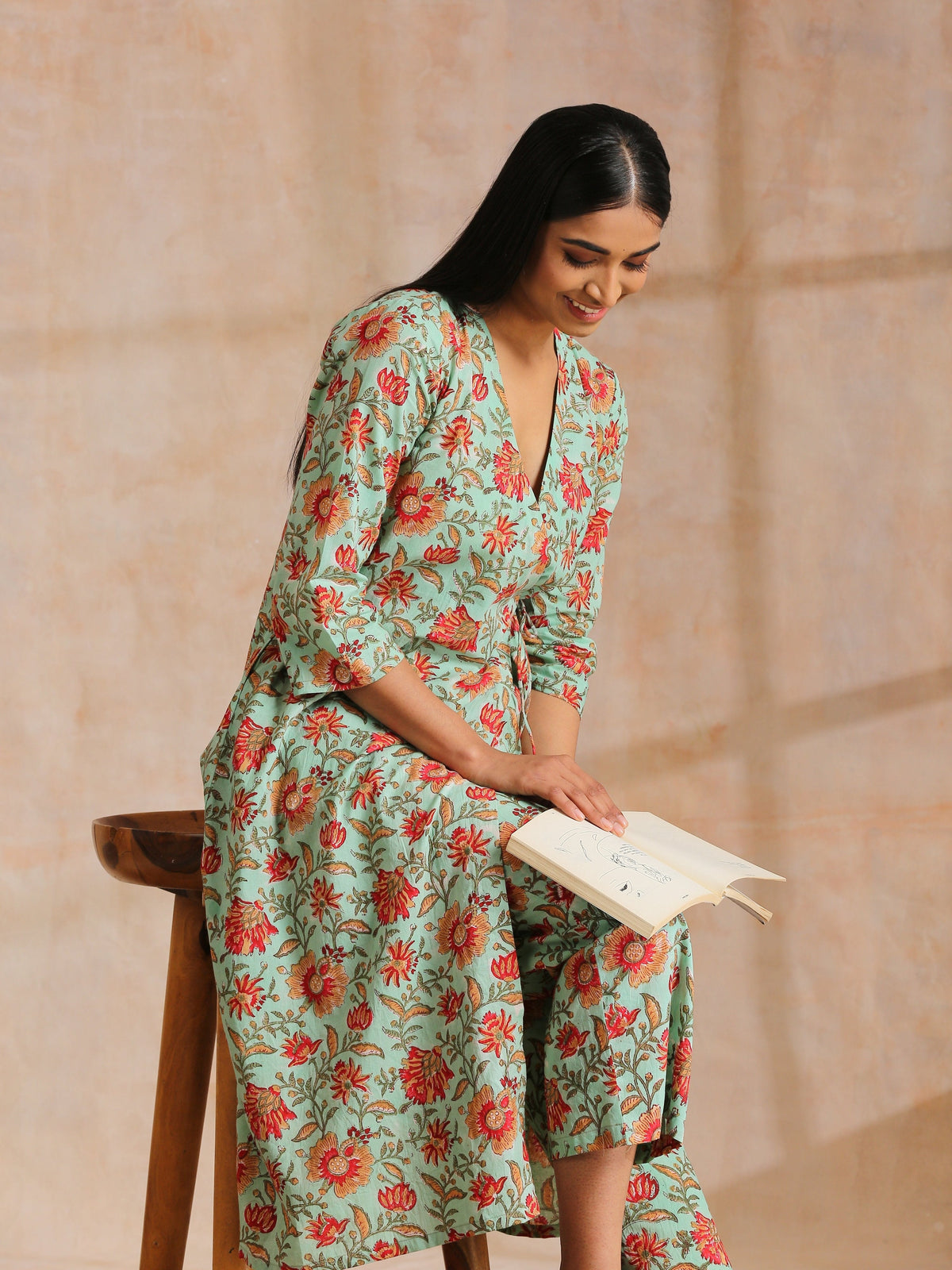 trueBrowns Seafoam Green Overall Floral Block Print Cotton Angrakha Pant Set | Grocsy
