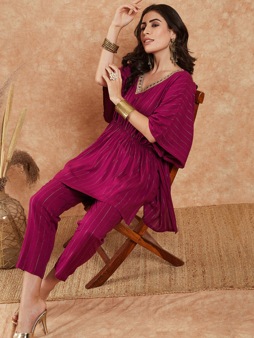 InWeave Women's Magenta Lurex V Neck Gota Kaftan Style Kurta Set | Grocsy