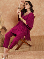 InWeave Women's Magenta Lurex V Neck Gota Kaftan Style Kurta Set | Grocsy