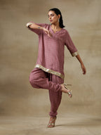 trueBrowns Dark Mauve Bandhani Printed Silk Loose Kurta Dhoti Pant Set | Grocsy