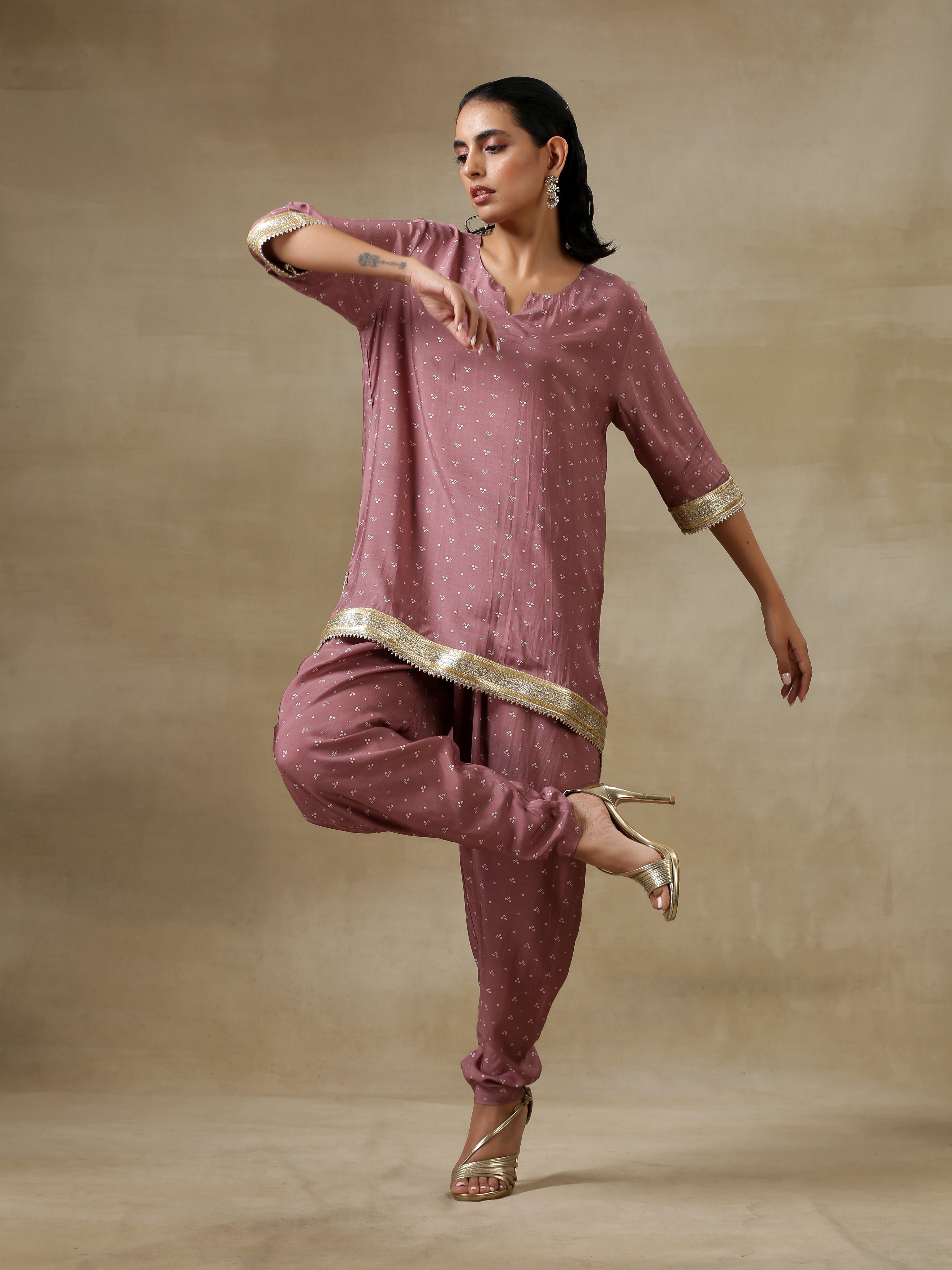trueBrowns Dark Mauve Bandhani Printed Silk Loose Kurta Dhoti Pant Set | Grocsy