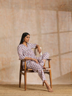 trueBrowns White With Pink Blue Floral Block Print Cotton Flared Slit Kurta Pant Set | Grocsy