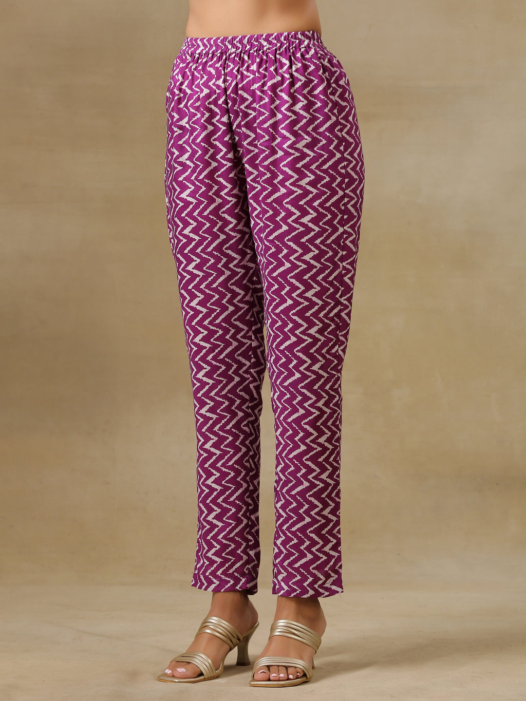 trueBrowns Purple Bandhani Printed Silk One Shoulder Kurta Pant Set | Grocsy