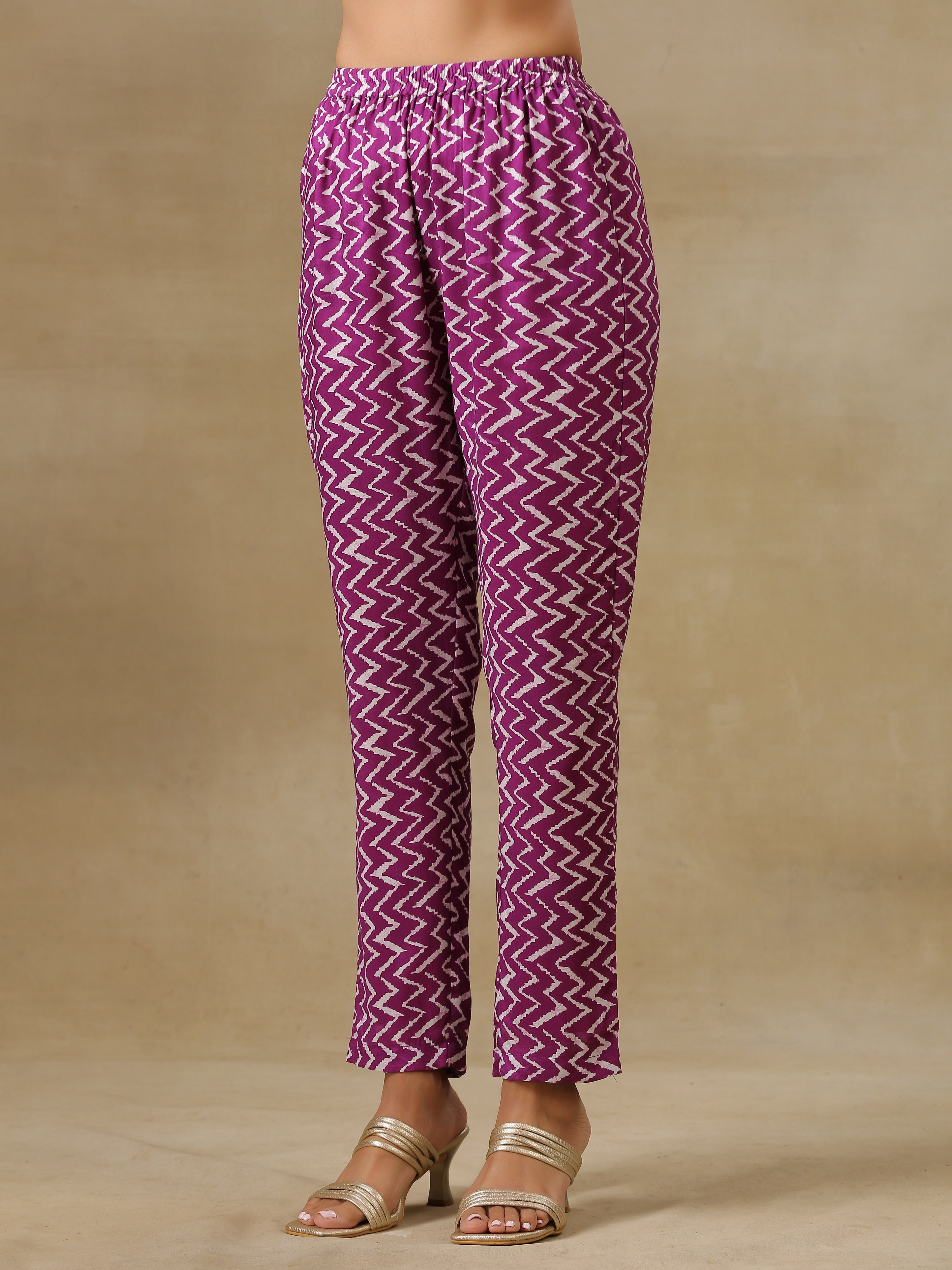 trueBrowns Purple Bandhani Printed Silk One Shoulder Kurta Pant Set | Grocsy