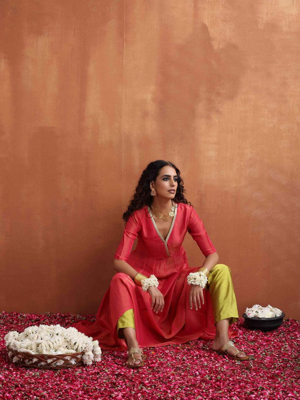 trueBrowns Hot Pink Tissue Flared Anarkali Kurta Set | Grocsy