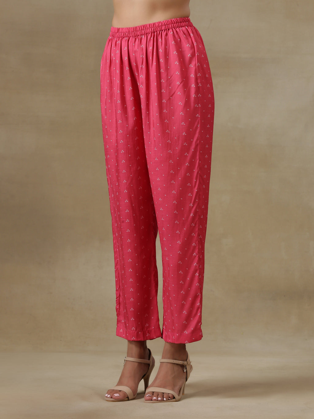 trueBrowns Pink Bandhani Printed Silk Gathered Sleeve Co-Ord Set | Grocsy
