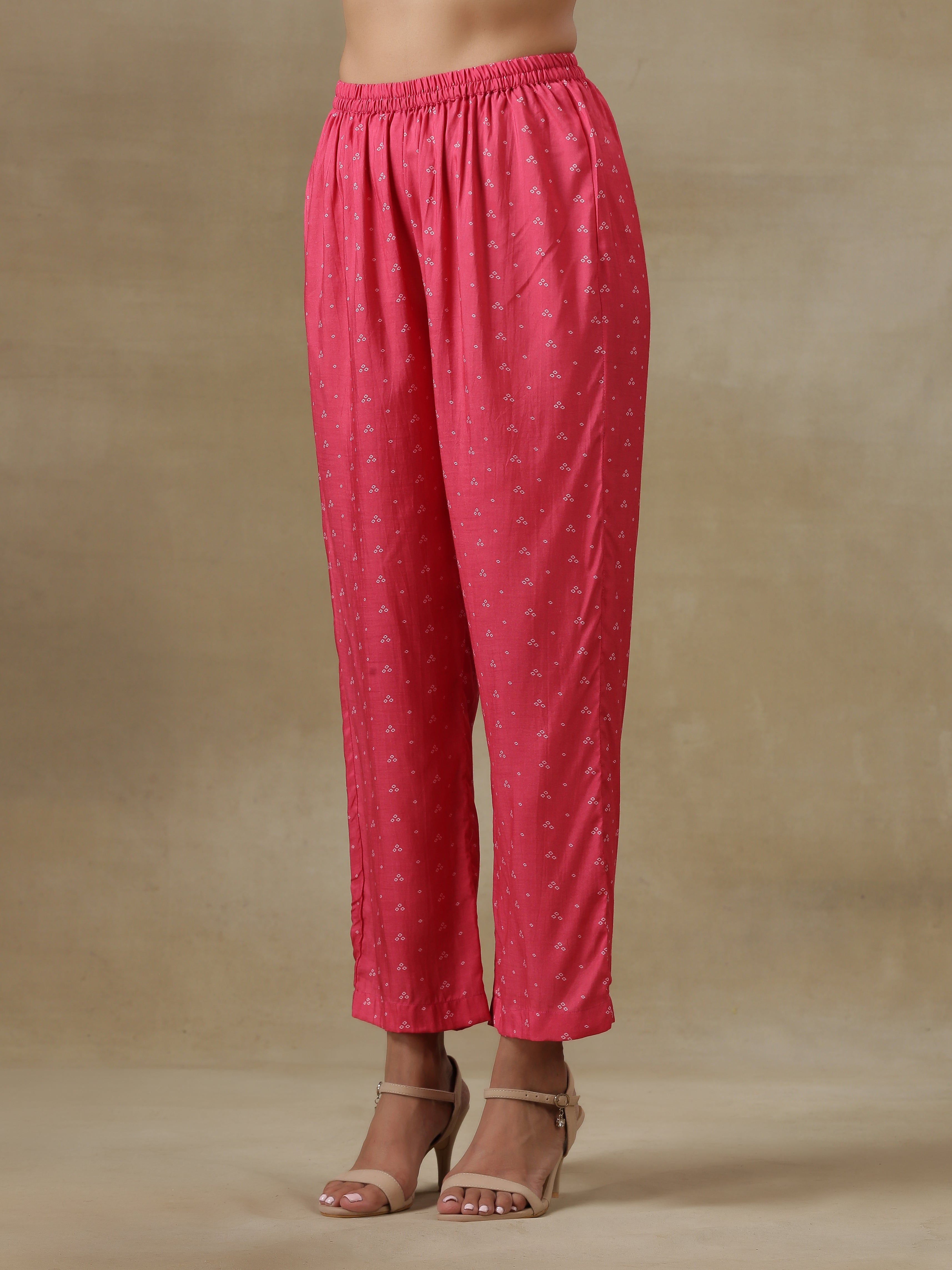 trueBrowns Pink Bandhani Printed Silk Gathered Sleeve Co-Ord Set | Grocsy