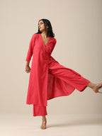 trueBrowns Bright Pink Slub Texture Angrakha Pant Set | Grocsy