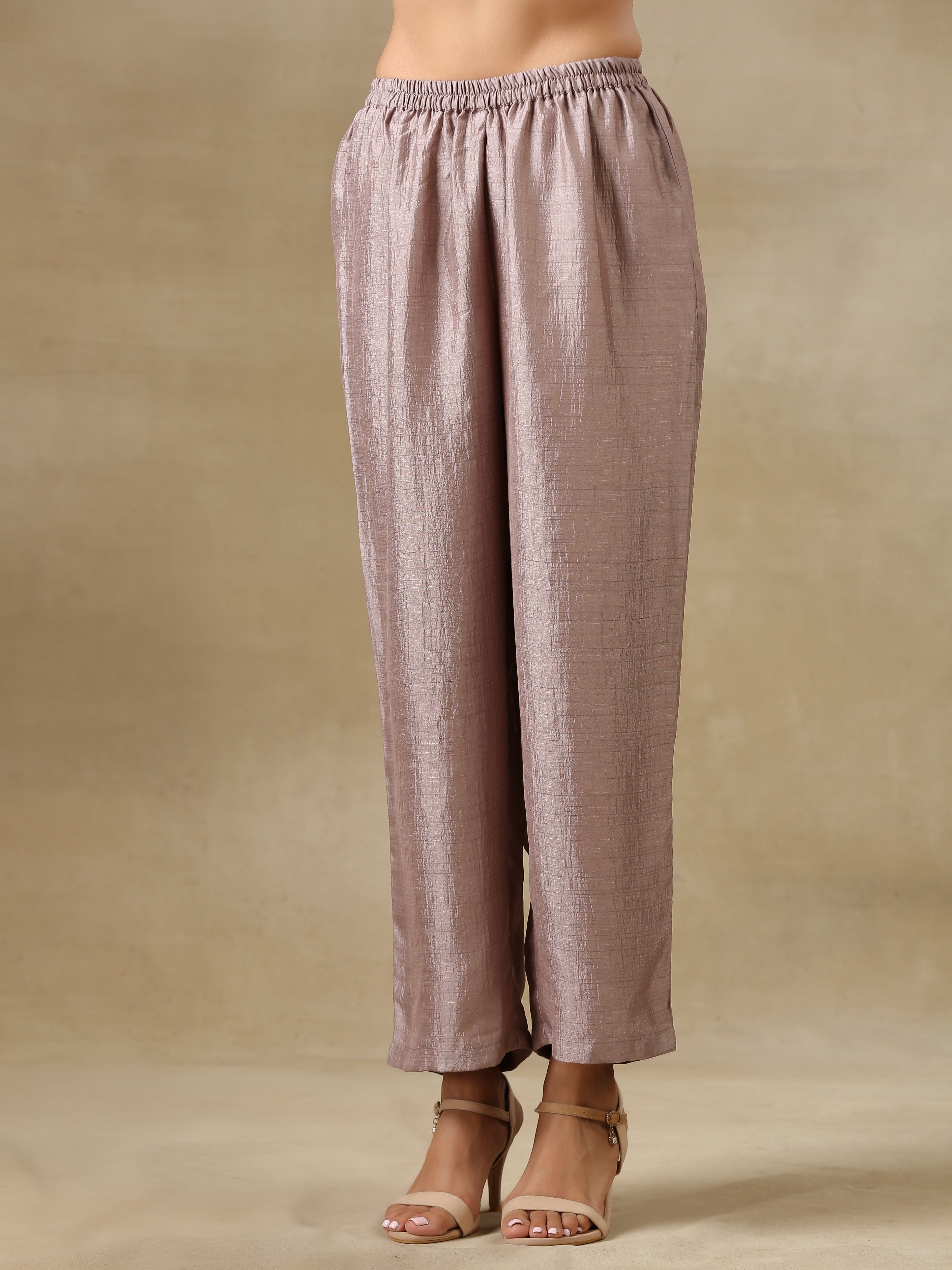 trueBrowns Grey Textured Silk Deep V-Neck Co-Ord Set | Grocsy