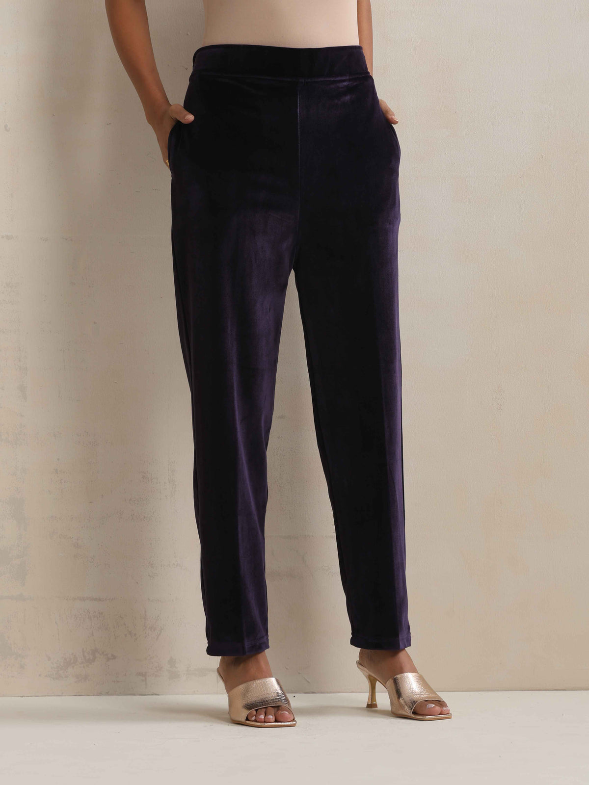 trueBrowns Purple Velvet Embroidered Kurta Pant Dupatta Set | Grocsy