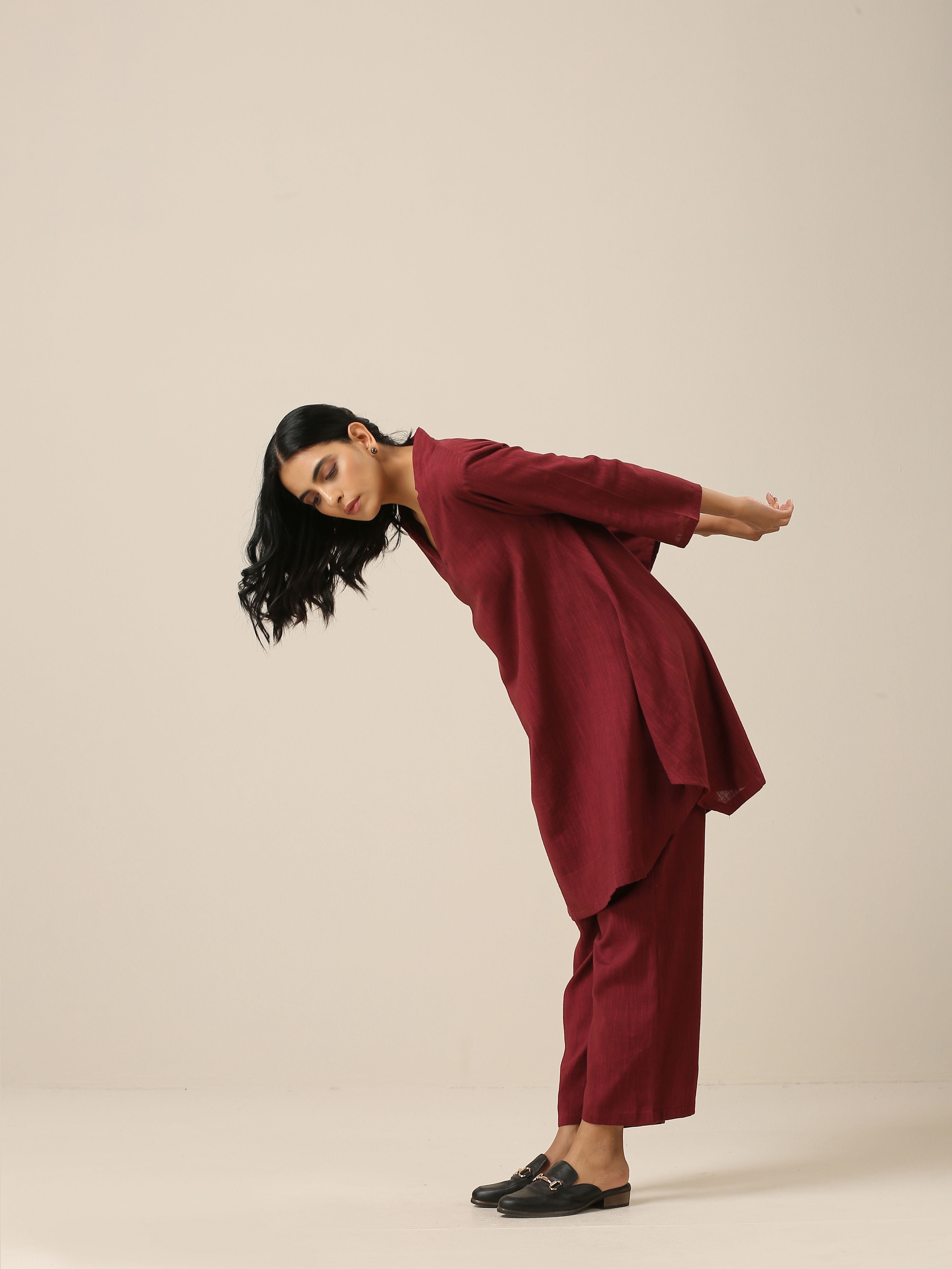 trueBrowns Ruby Wine Slub Textured Collar Co-Ord Set | Grocsy