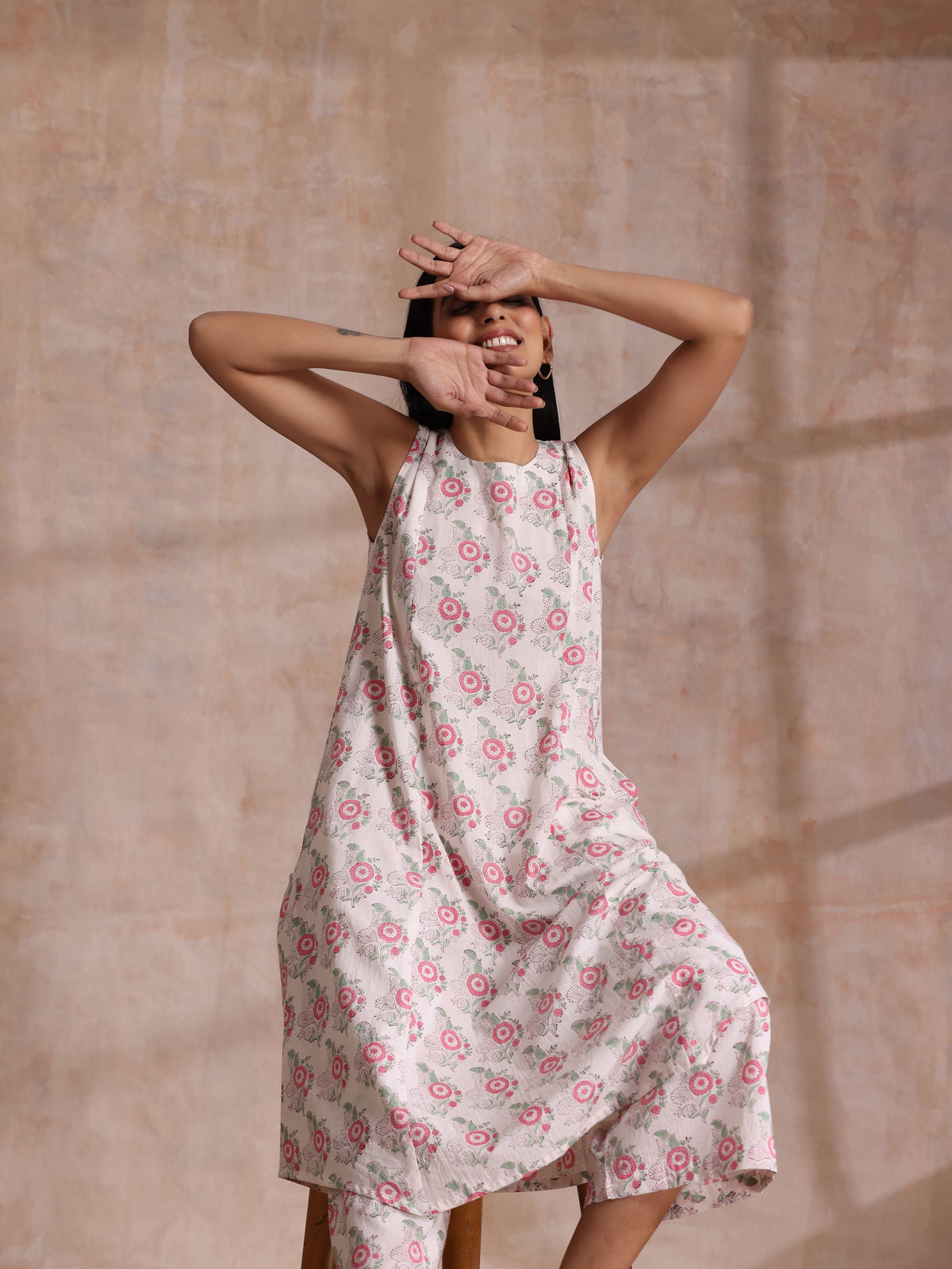 trueBrowns Pink Green Buta On White Block Print Cotton High-Low Co-Ord Set | Grocsy