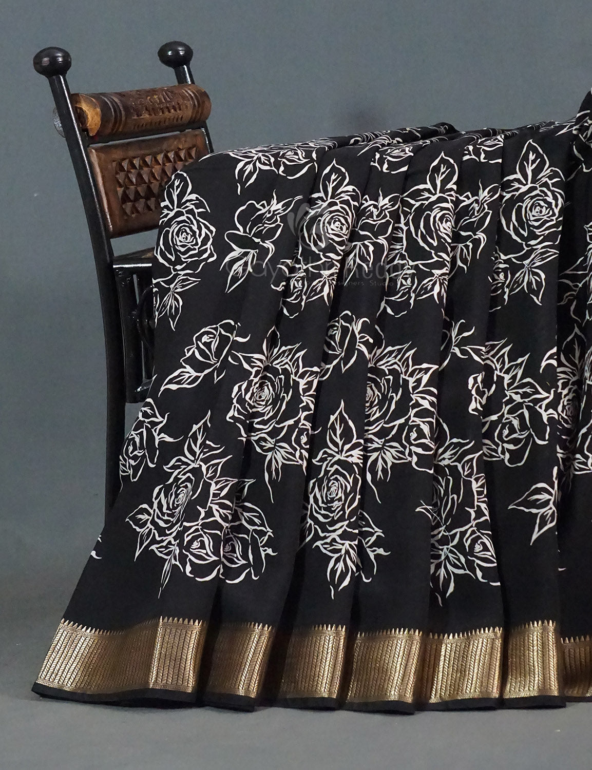 Shades of Black Floral Screen Dola Silk Saree By Gayathri Reddy Designer Studio | Grocsy