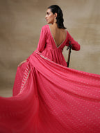 trueBrowns Pink Bandhani Printed Silk Anarkali Kurta Pant Dupatta Set | Grocsy