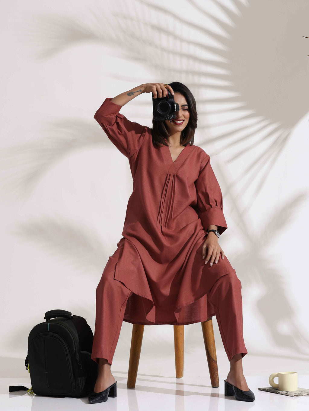 trueBrowns Pink Slub Kurta Set | Grocsy