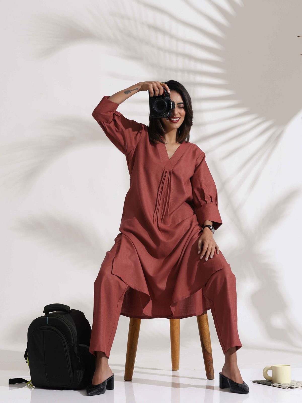 trueBrowns Pink Slub Kurta Set | Grocsy