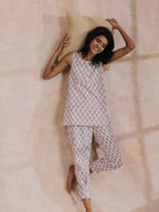 trueBrowns White With Grey Buta Block Print Cotton Sleeveless Co-Ord Set | Grocsy