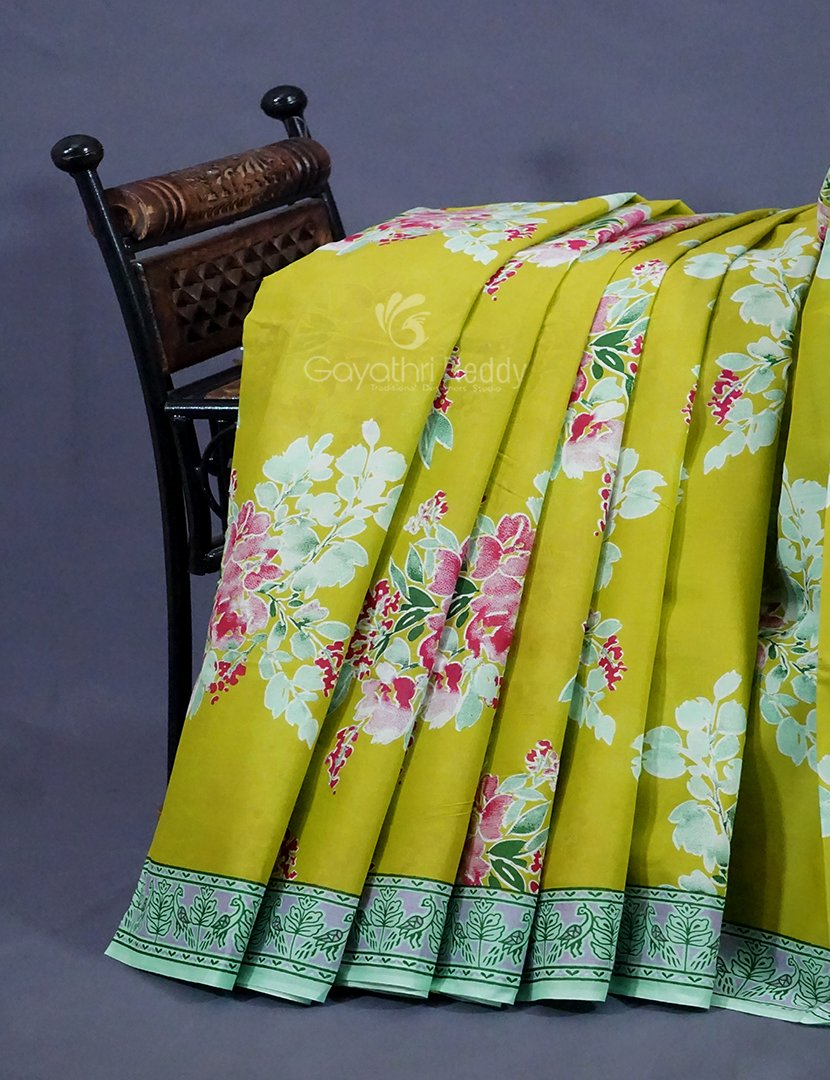Lime Greencolour Block Print Pure Mulmul Cotton Saree By Gayathri Reddy Designer Studio | Grocsy