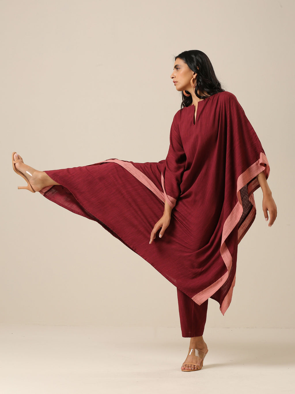 trueBrowns Ruby Wine Slub Texture High Low Kaftan Pant Set | Grocsy
