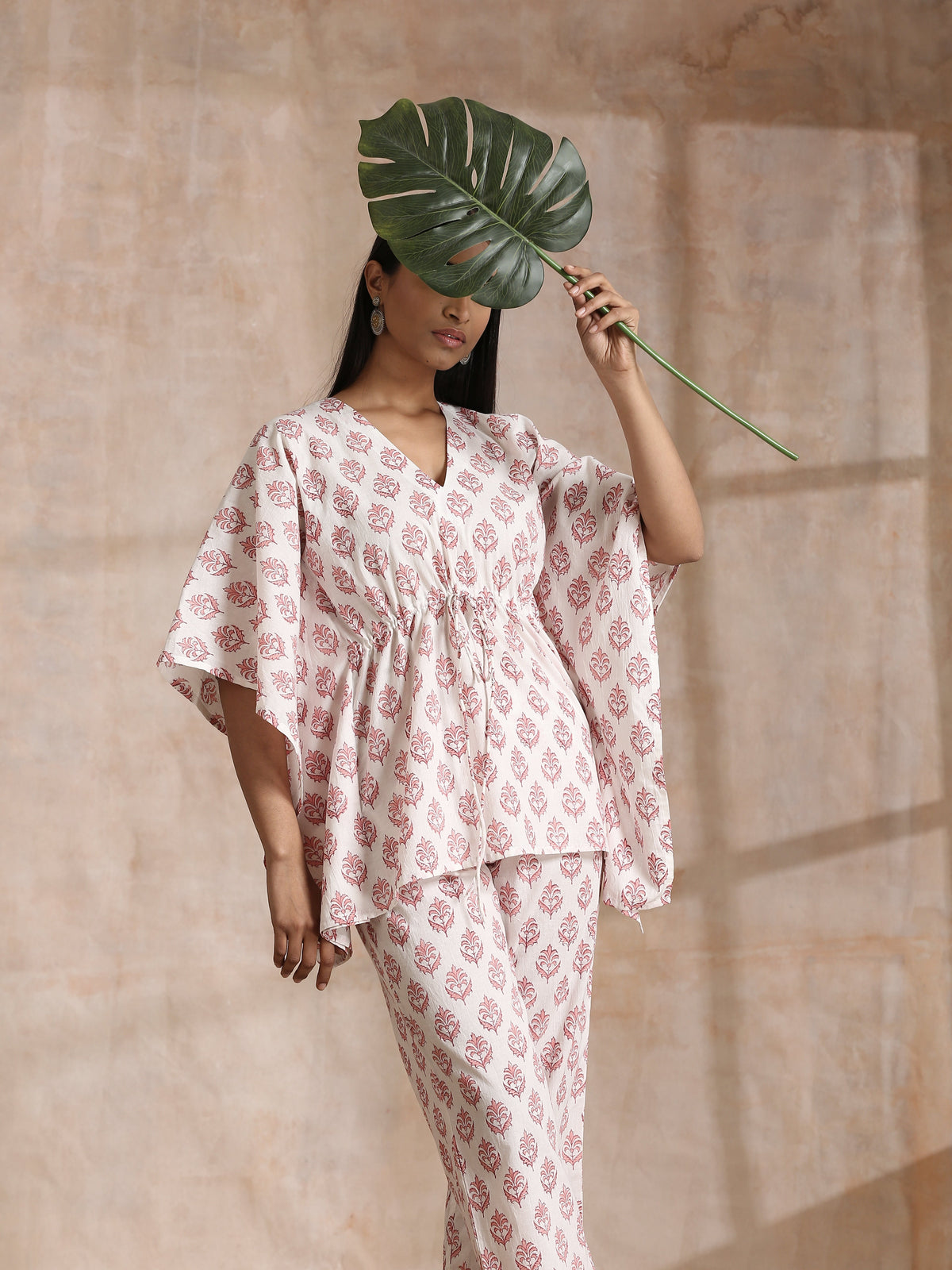trueBrowns Pink Buta On White Block Print Cotton Kaftan Co-Ord Set | Grocsy