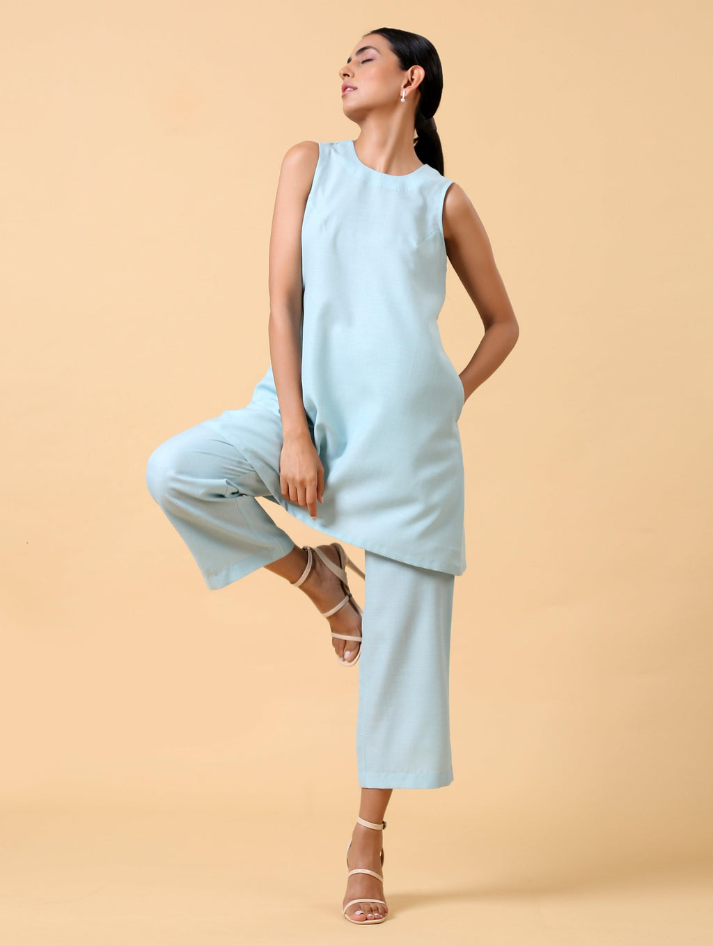 trueBrowns Cotton Linen Light Blue Sleeveless Co-Ord Set | Grocsy