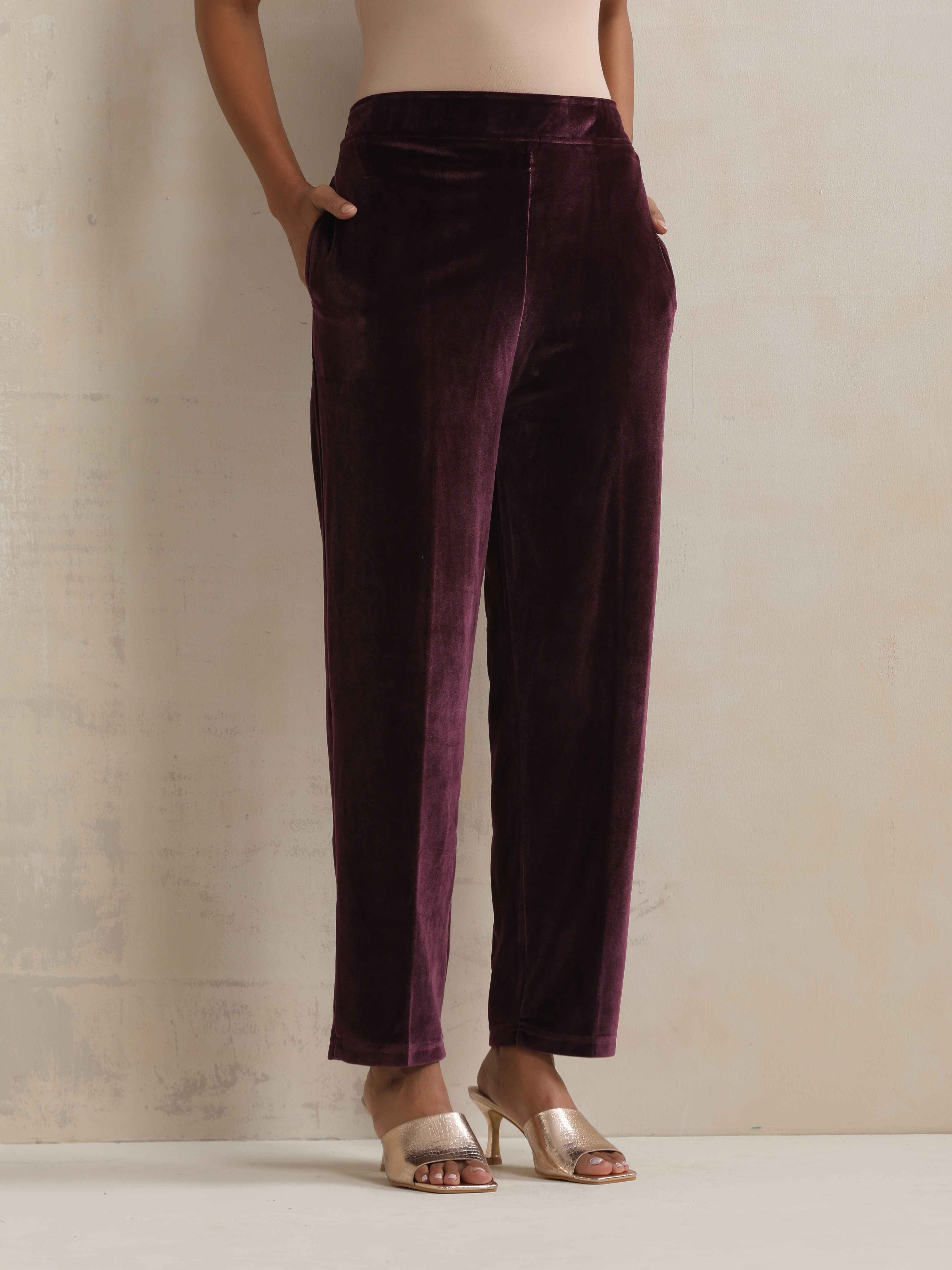 trueBrowns Purple Velvet Embroidered Kurta Pant Dupatta Set | Grocsy