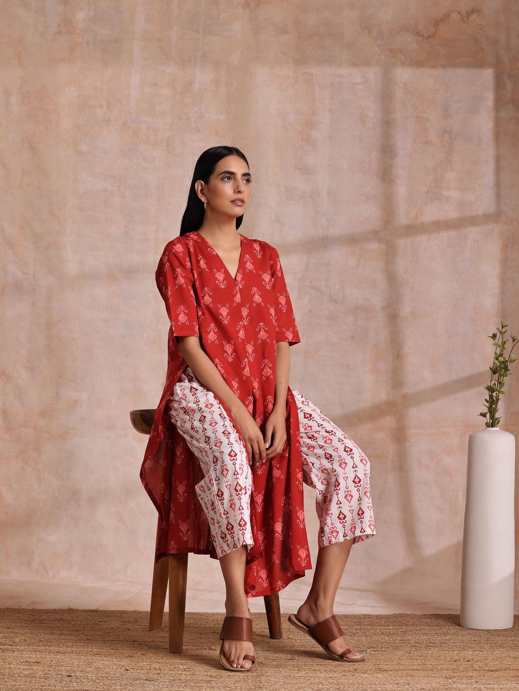 trueBrowns Red On Red Ikat Print Cotton Kurta Pant Set | Grocsy