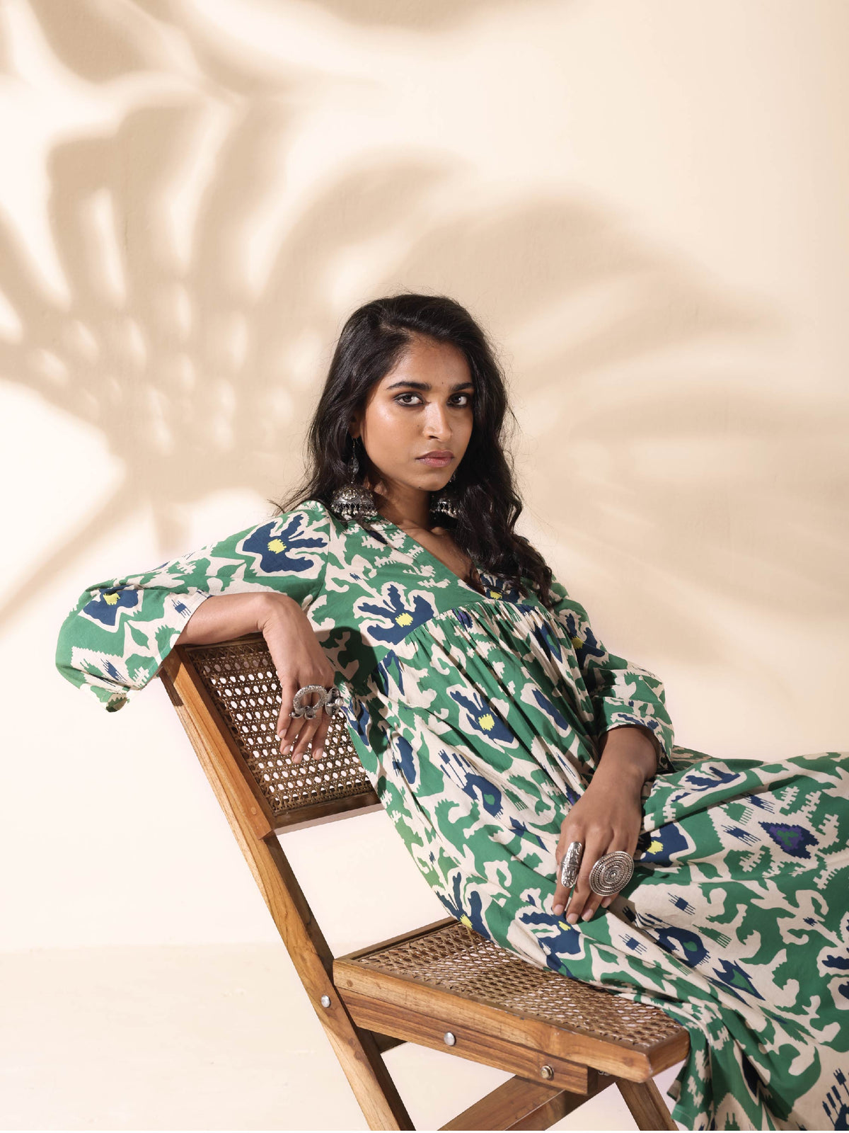 trueBrowns Green Cotton Ikat Flared Kurta Pant Set | Grocsy