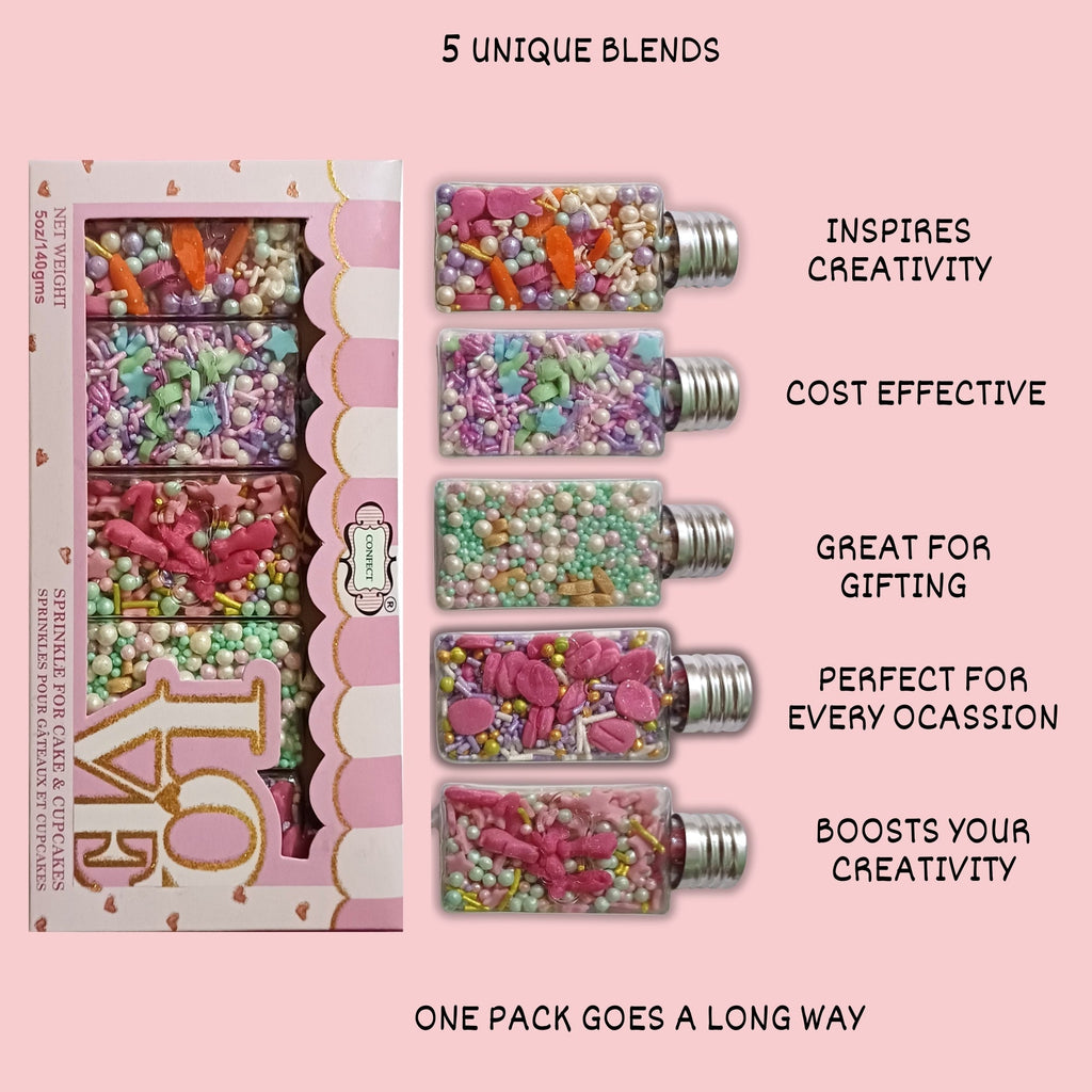Confect Spring Sprinkles |  5 White, Pink and Sky Blue Pearls & Stars Pack of 5 (EAST 6) - 100Gms | Grocsy