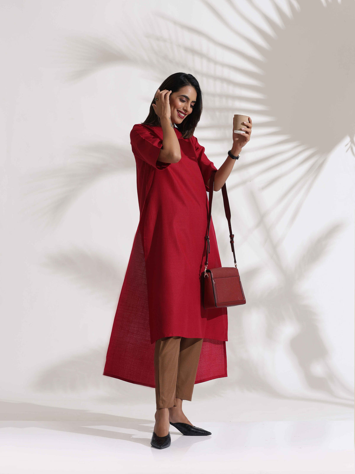 trueBrowns Maroon Slub Highslit Kurta Set | Grocsy
