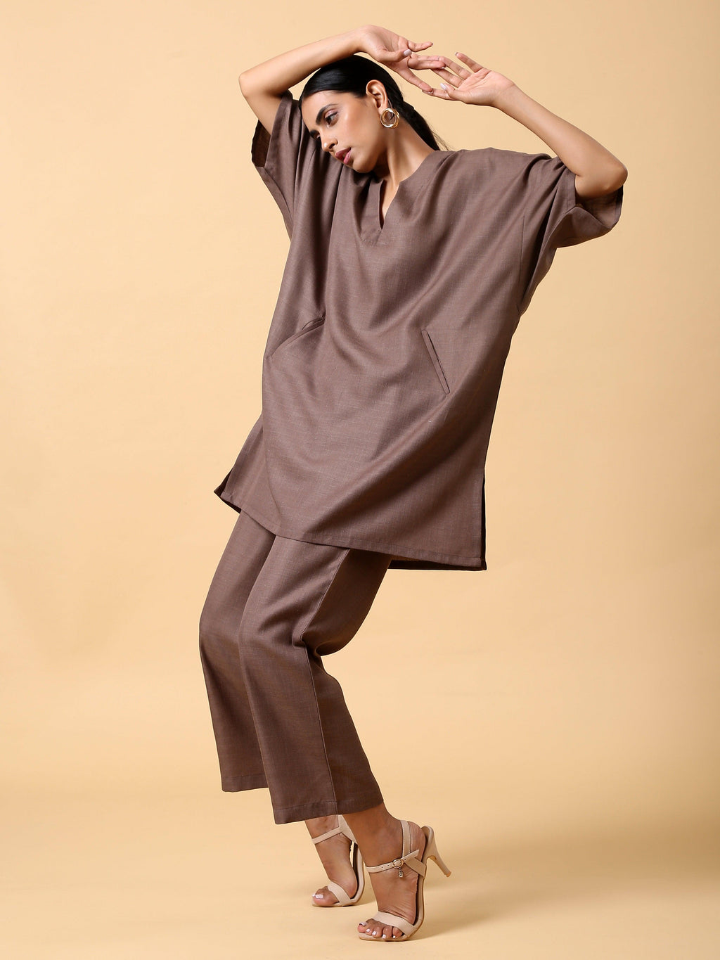 trueBrowns Cotton Linen Burnt Brown Boxy Fit Co-Ord Set | Grocsy