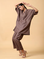 trueBrowns Cotton Linen Burnt Brown Boxy Fit Co-Ord Set | Grocsy